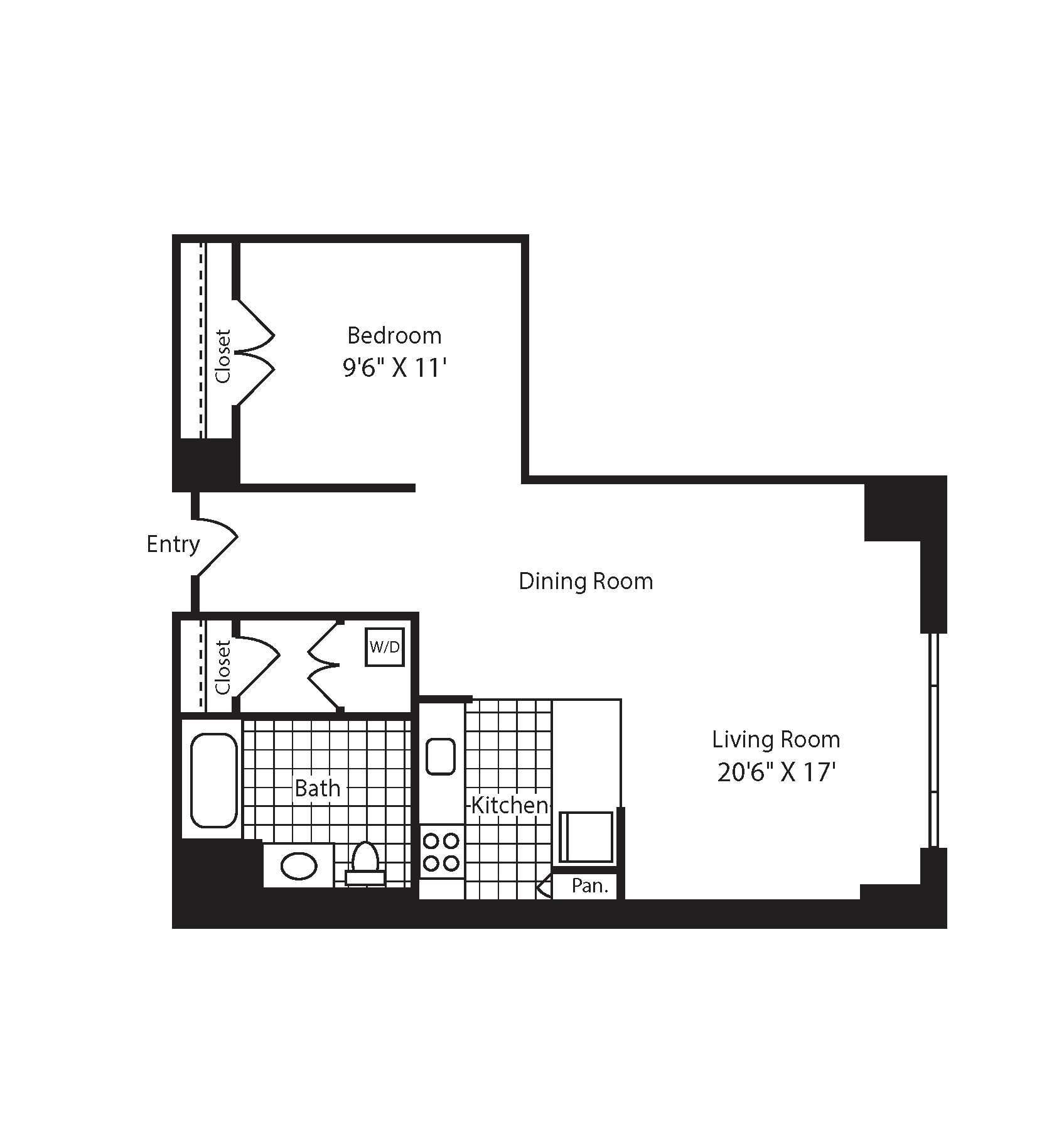 Floor plan for studio, 1 bath, 700 sqft
